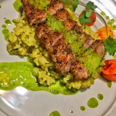 Grilled Coriander Steak with salsa verde rice