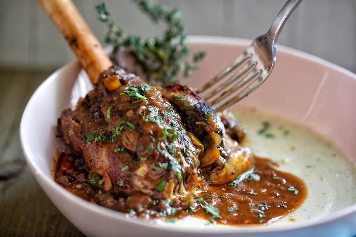 Braised Lamb Shanks with Thyme Butter Celery Root Puree