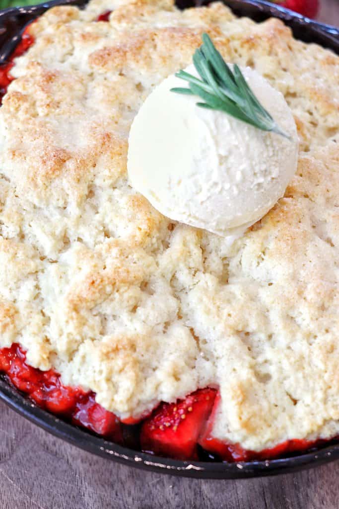 Strawberry Cobbler with a scoop of ice cream.