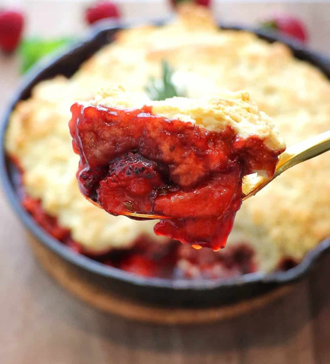 Strawberry Cobbler on a spoon