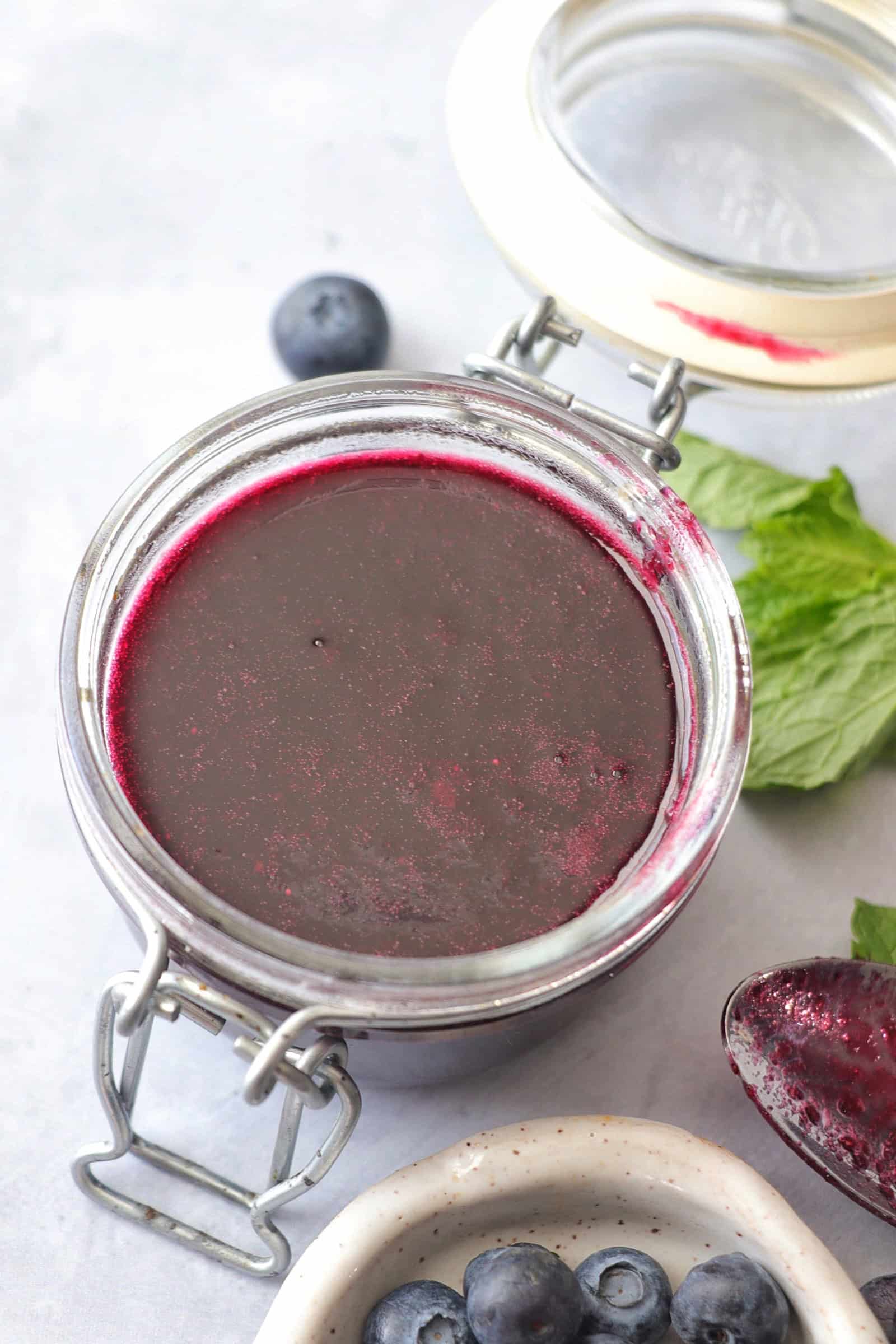 blueberry mint syrup in a jar.