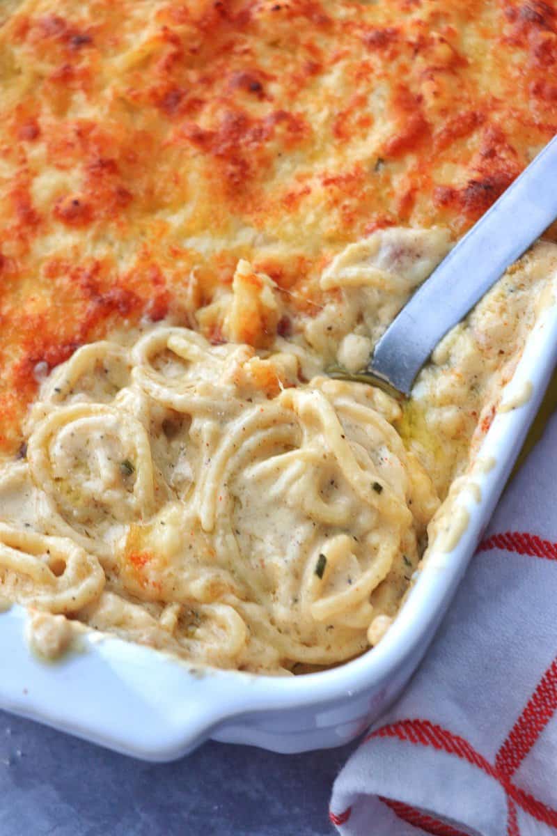 New Orleans baked Mac n Cheese in a baking dish