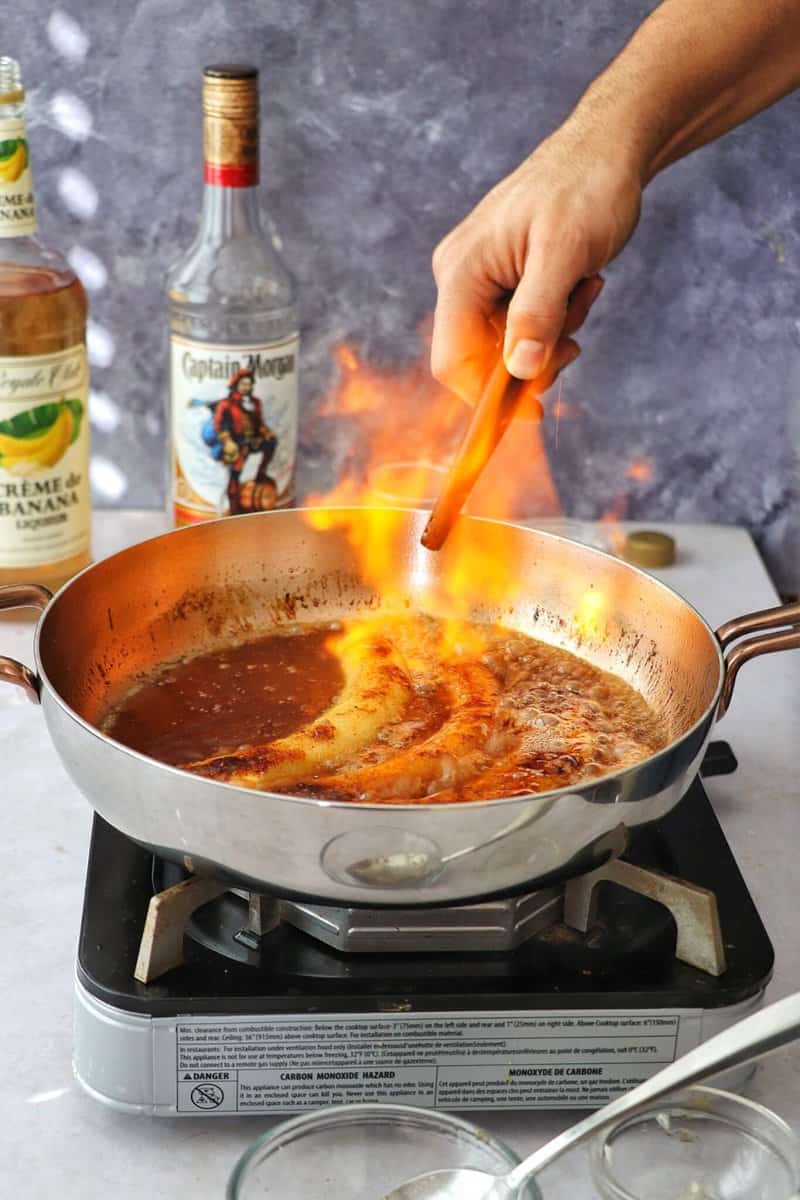 Bananas Foster in a skillet being Flambeéd