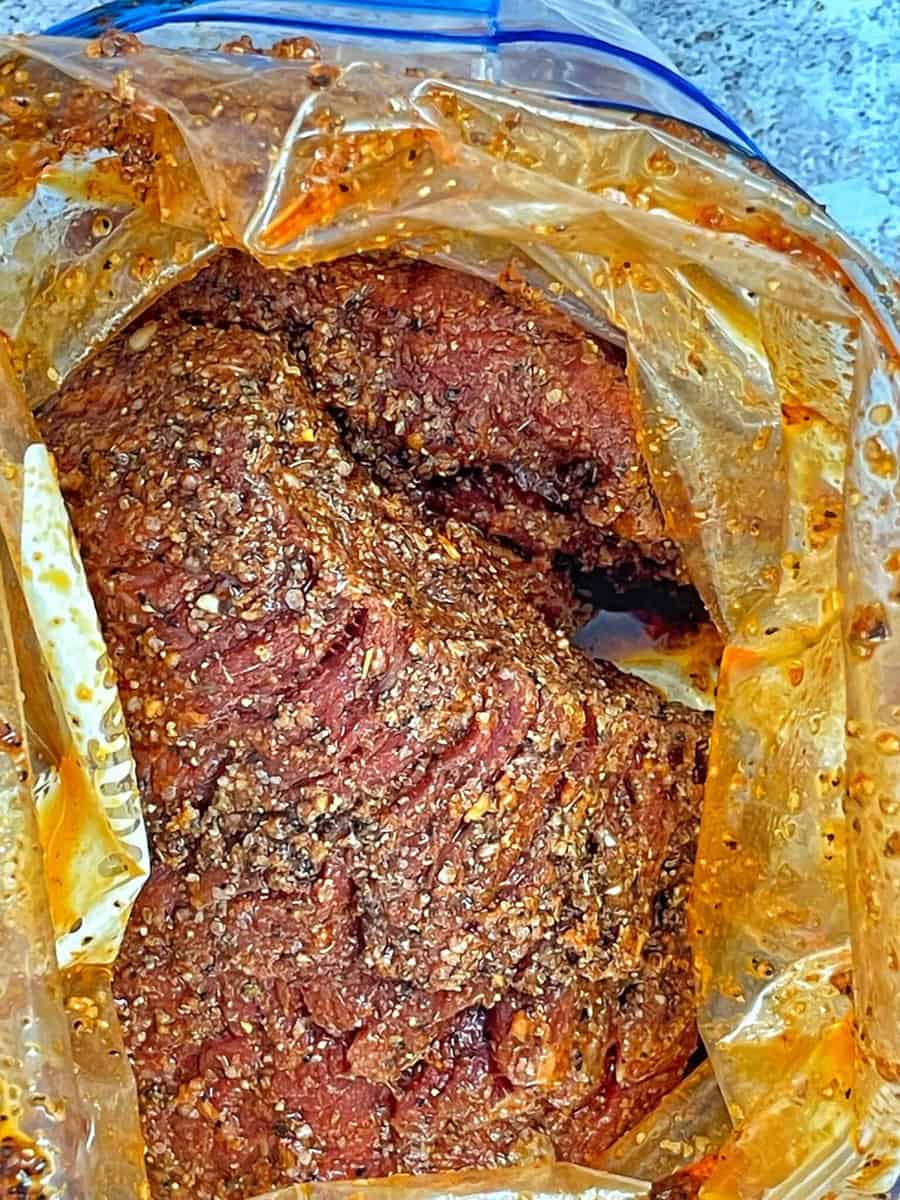 Steak tossed in marinade 