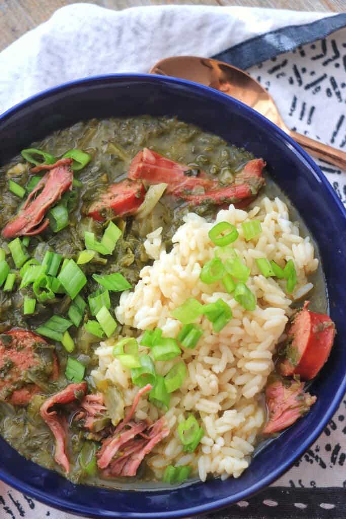 overhead view of gumbo z’herbes in a bowl
