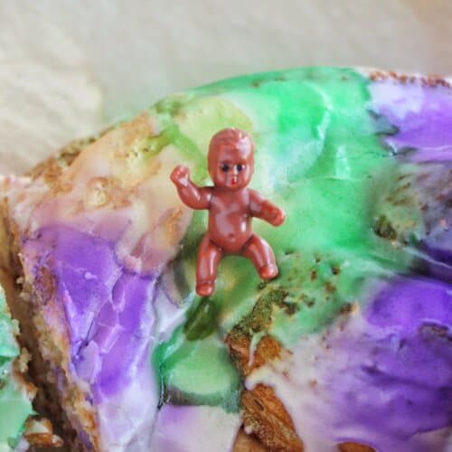 Mardi Gras King Cake with the traditional king cake baby