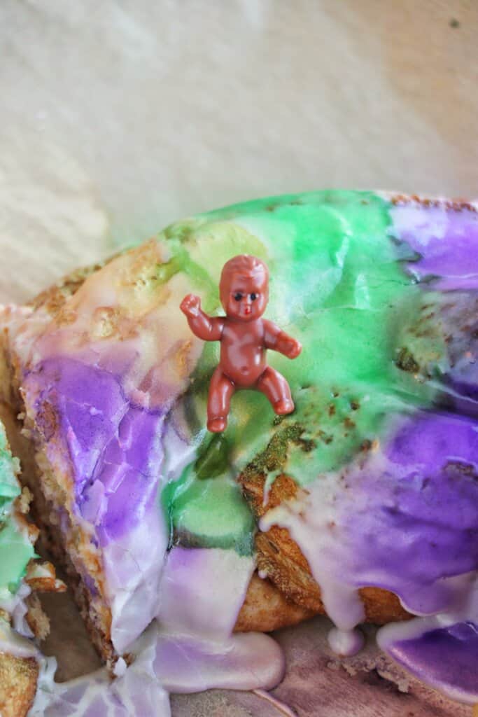 Mardi Gras King Cake with the traditional king cake baby