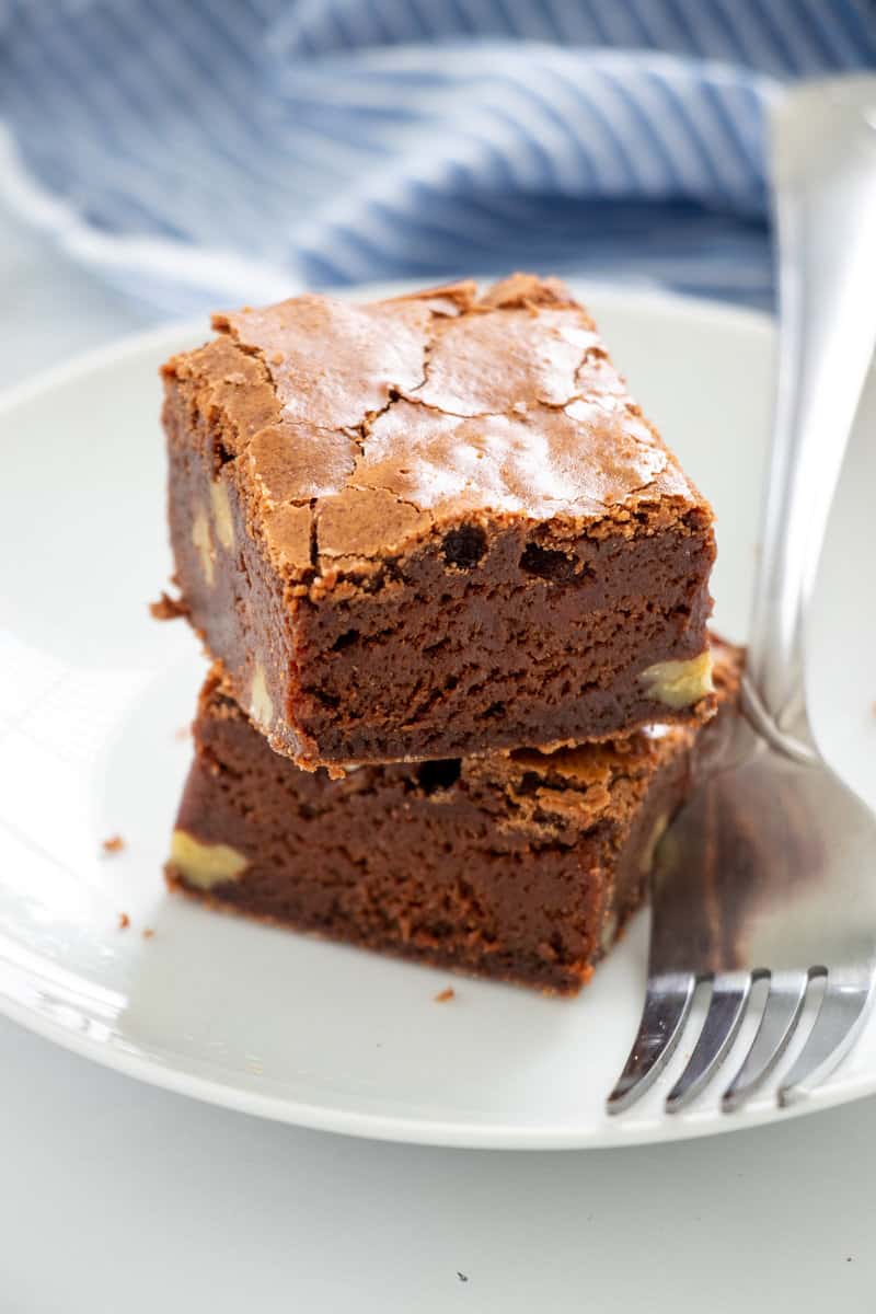 Two chewy fudge brownies on a plate