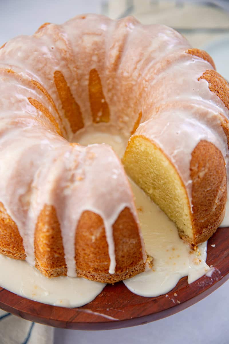 whole buttermilk pound cake missing a slice