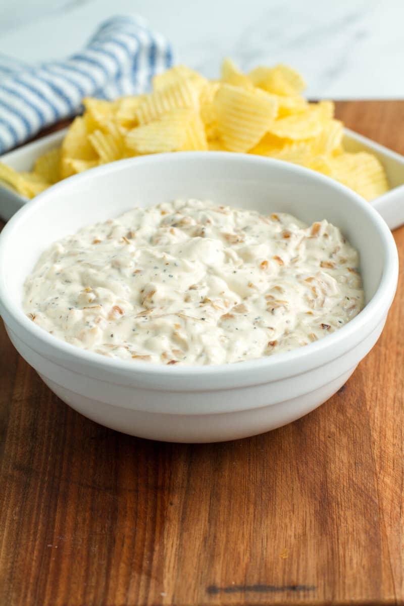 Caramelized French Onion Dip with potato chips