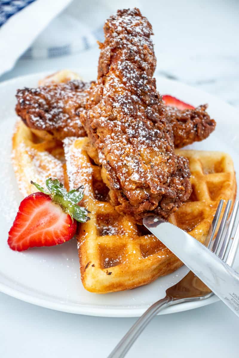 close up of chicken and waffles