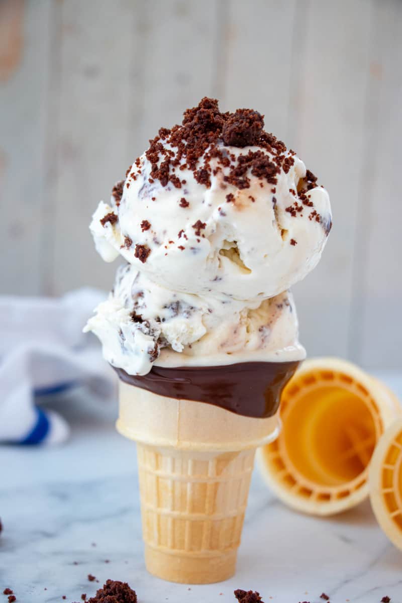 Scoop of Fudge Brownie Ice Cream on a waffle cone