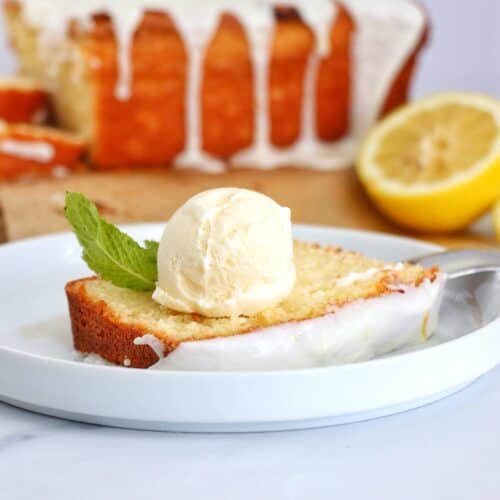 Lemon Pound Cake Loaf on a plate.