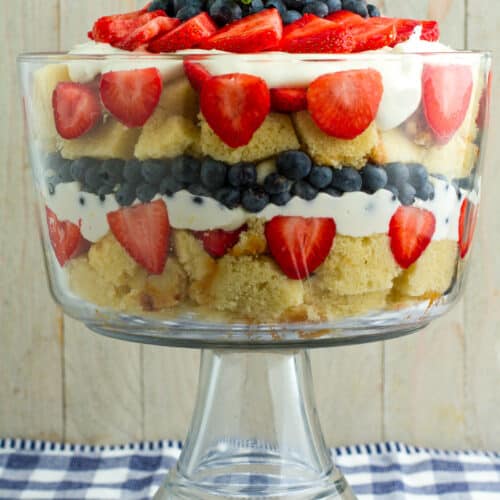 Pound Cake Trifle in a glass dish