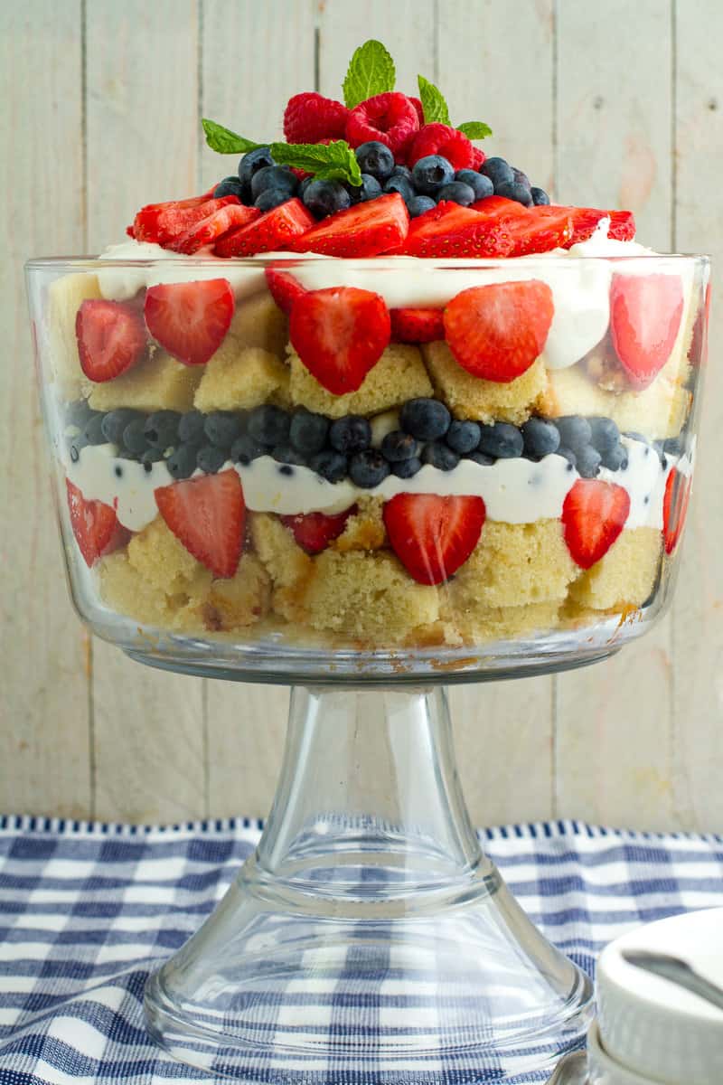 Pound Cake Trifle in a glass dish