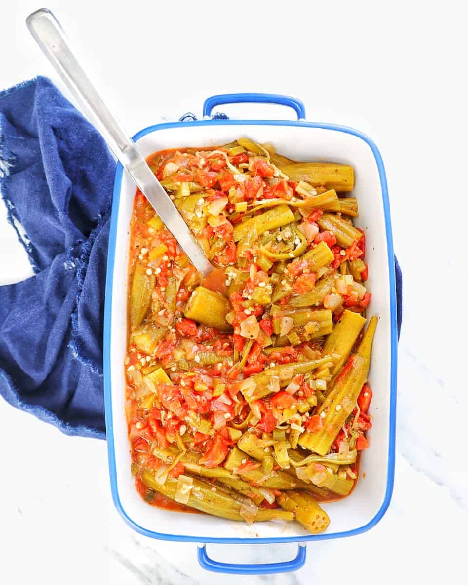 Overhead Stewed Okra and Tomatoes in a baking dish5