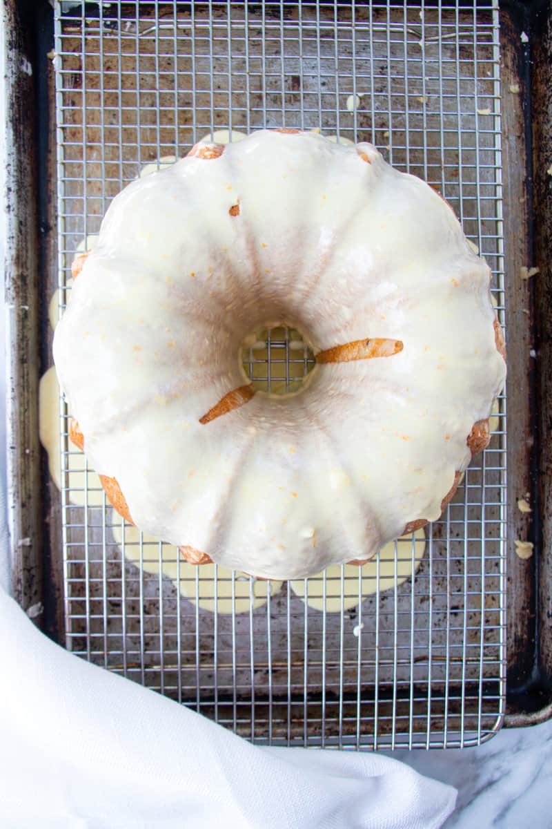 Sweet Potato Pound cake iced overhead shot.