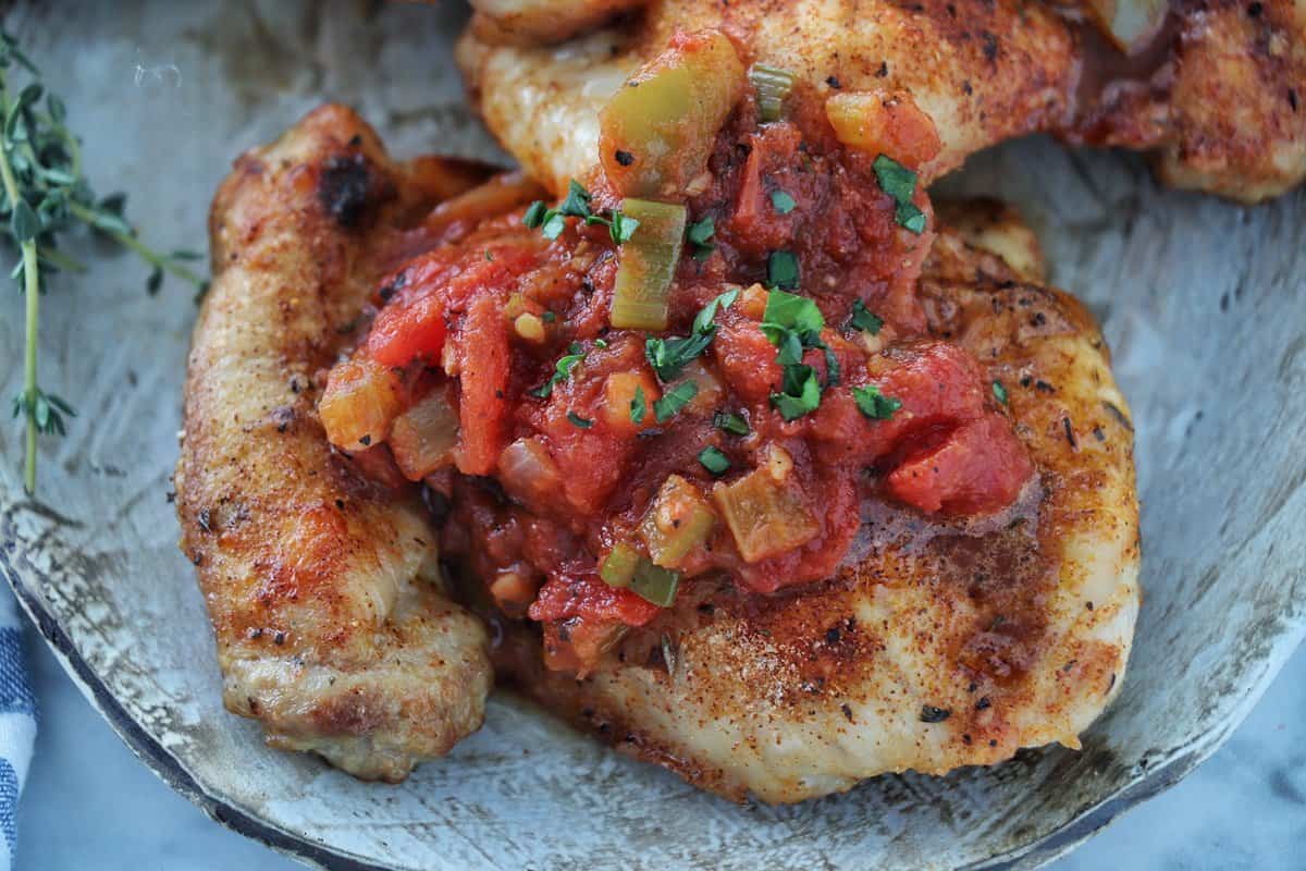 Close up of Boneless Chicken Thighs with creole sauce