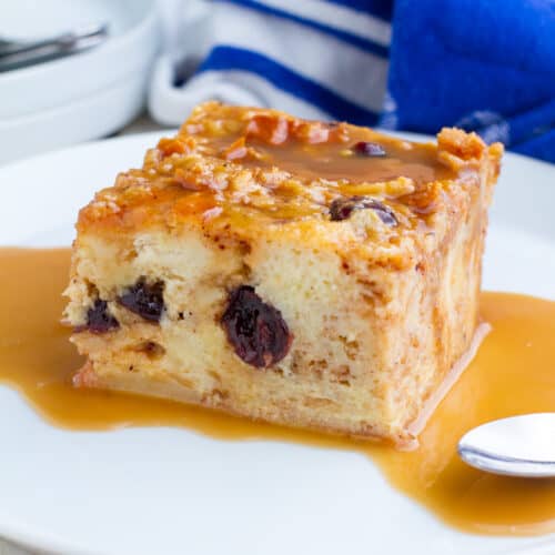 New Orleans Bread Pudding with Bourbon Sauce on a plate
