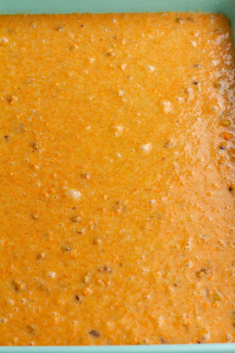 Carrot Walnut Cake Batter in a baking pan
