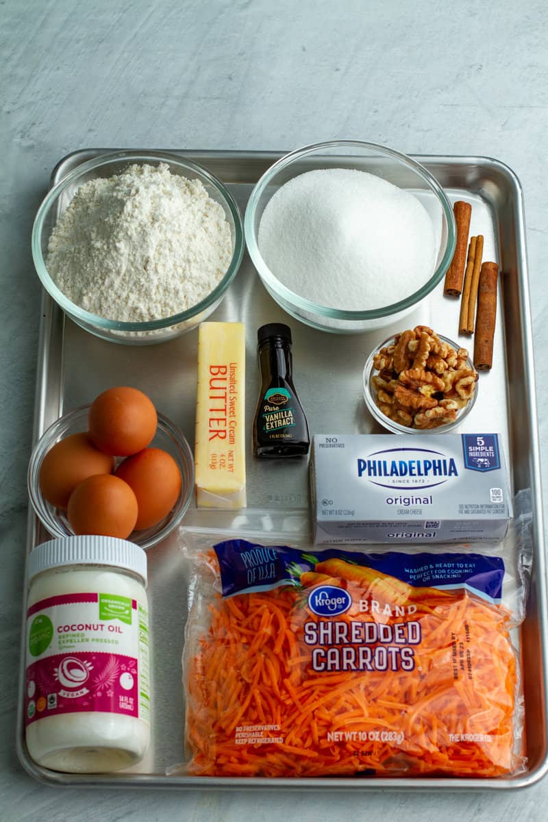 Carrot Walnut Cake Ingredients on a baking sheet