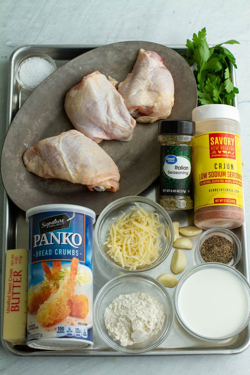 Garlic Parmesan Chicken Thighs Ingredients on baking sheet