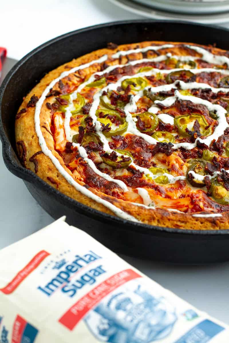 Chicken Bacon Ranch Pizza in a skillet