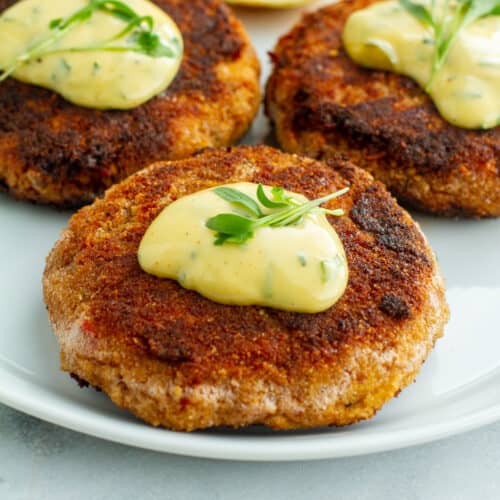Old Fashion Salmon Patties with tartar sauce on a plate