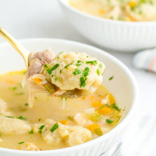 Southern Chicken and Dumplings on a spoon.