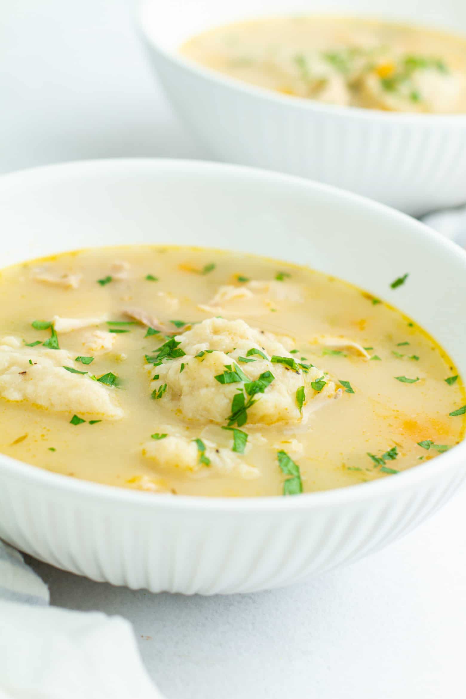 Chicken and dumplings in a bowl.