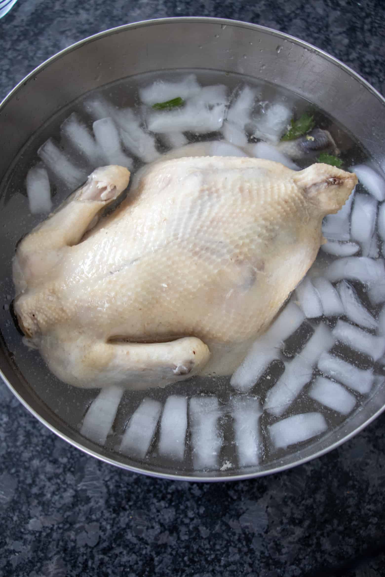 whole chicken in an ice bath.