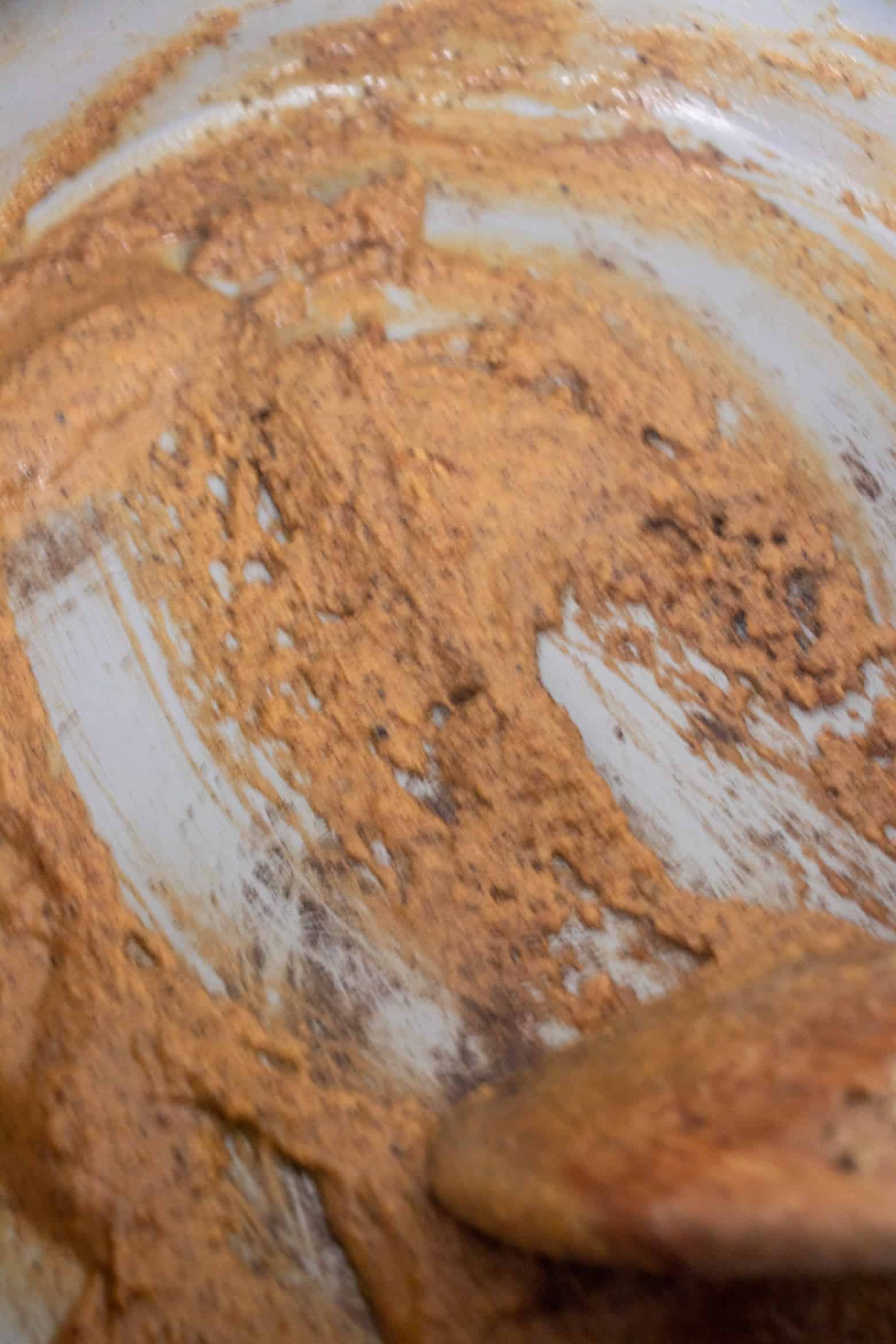Peanut butter roux in a pot.