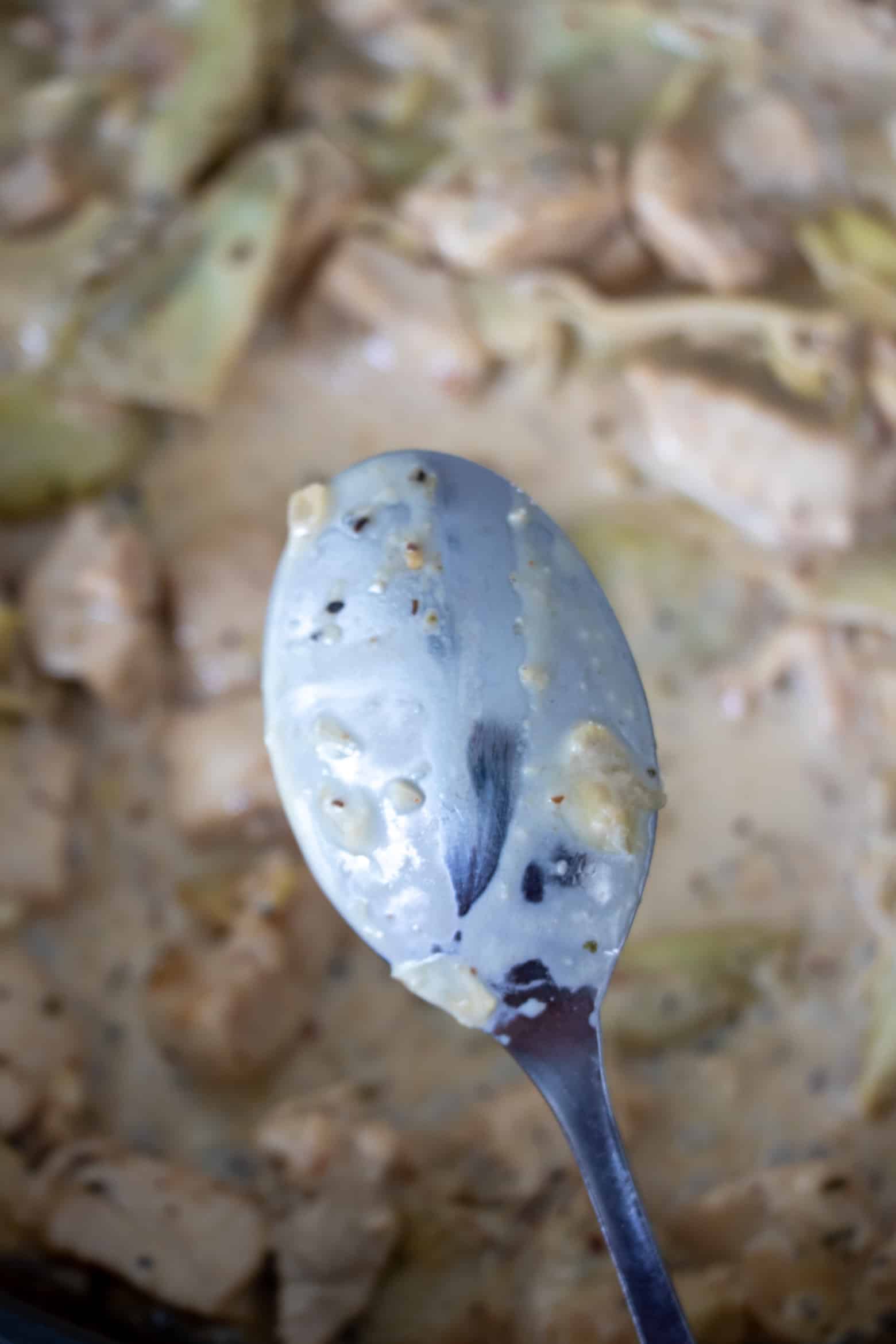 Creamy sauce coating a spoon.