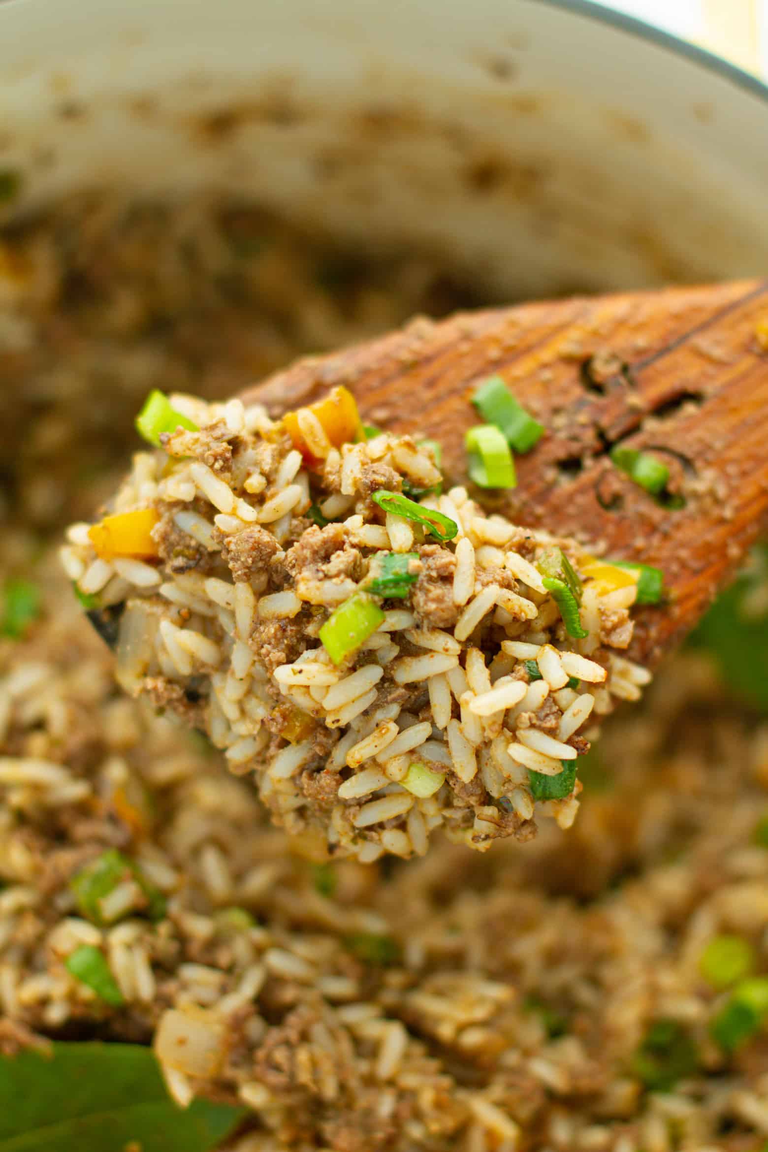 Dirty Rice on a wooden spoon.