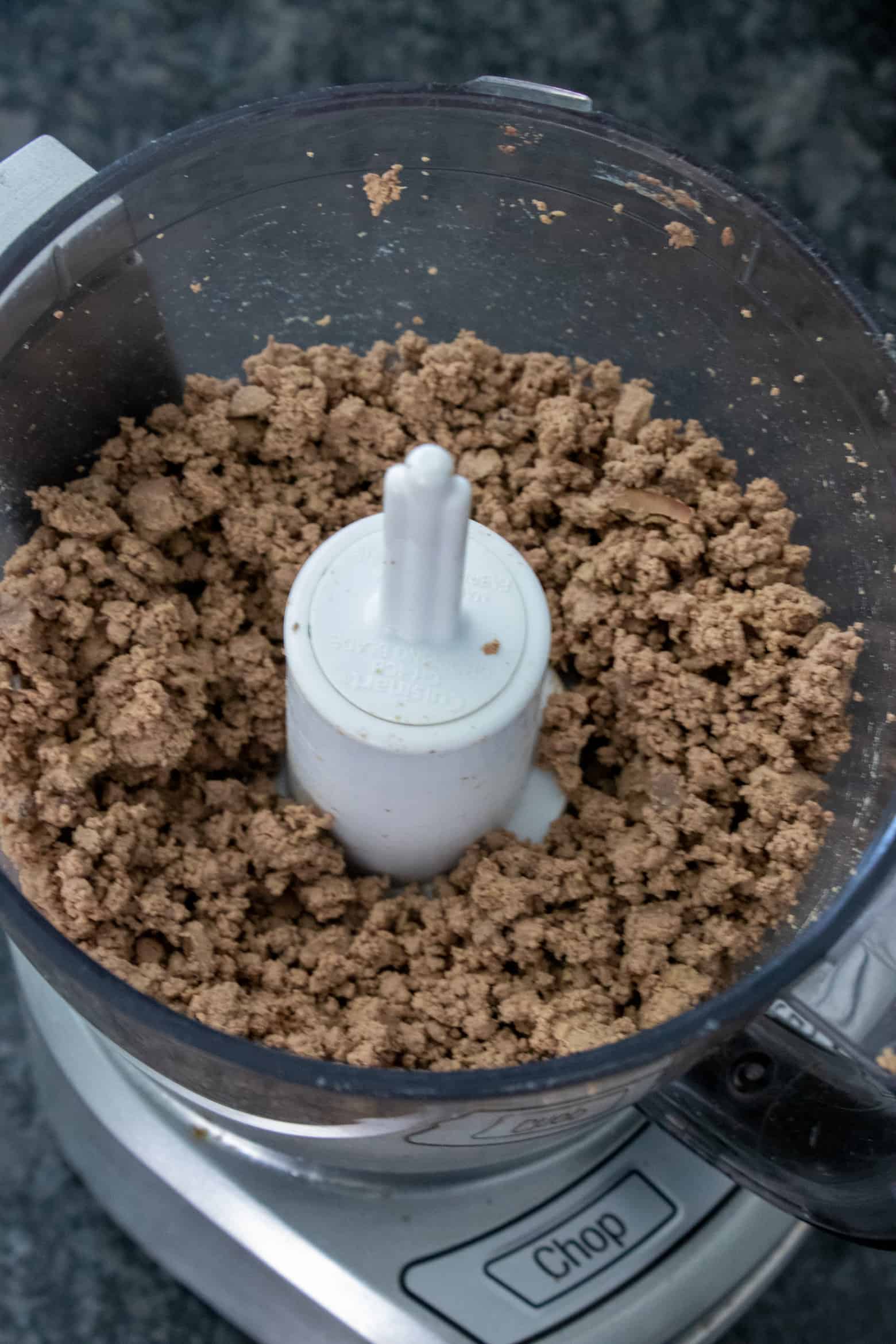 Chopped chicken liver in a food processor. 
