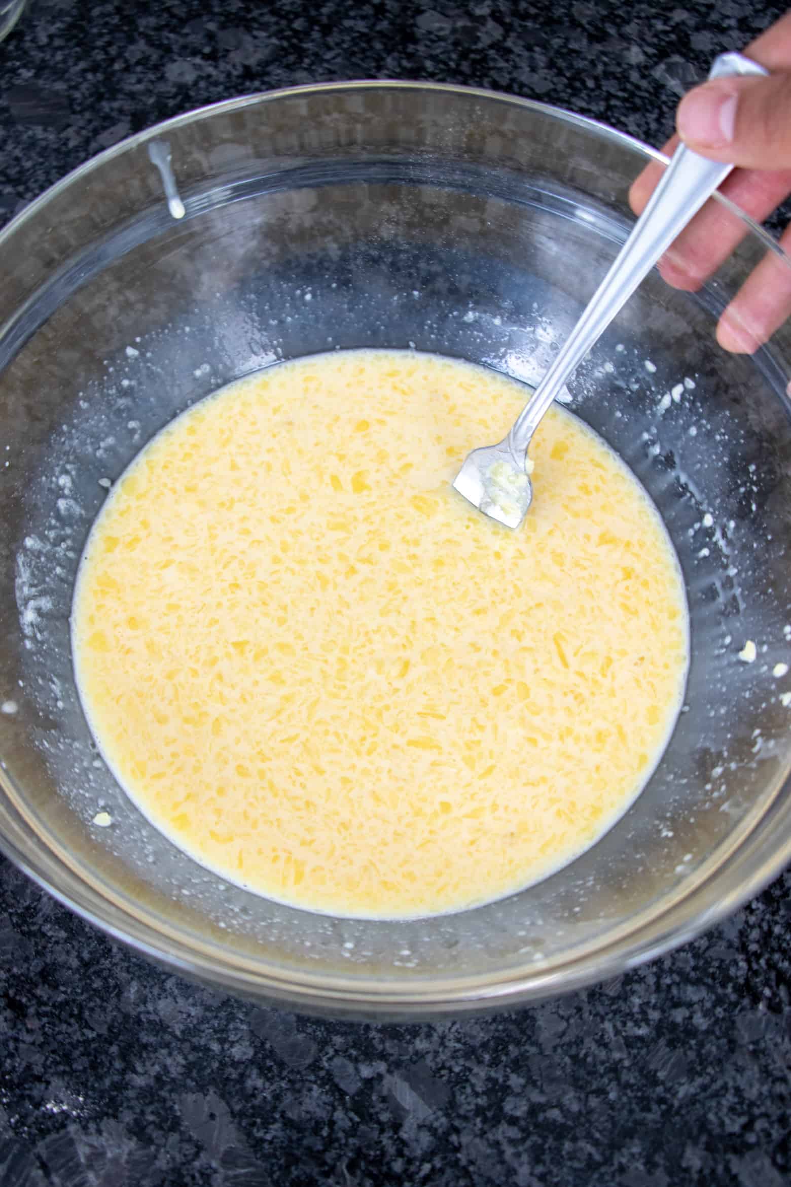 egg mixture in a bowl.