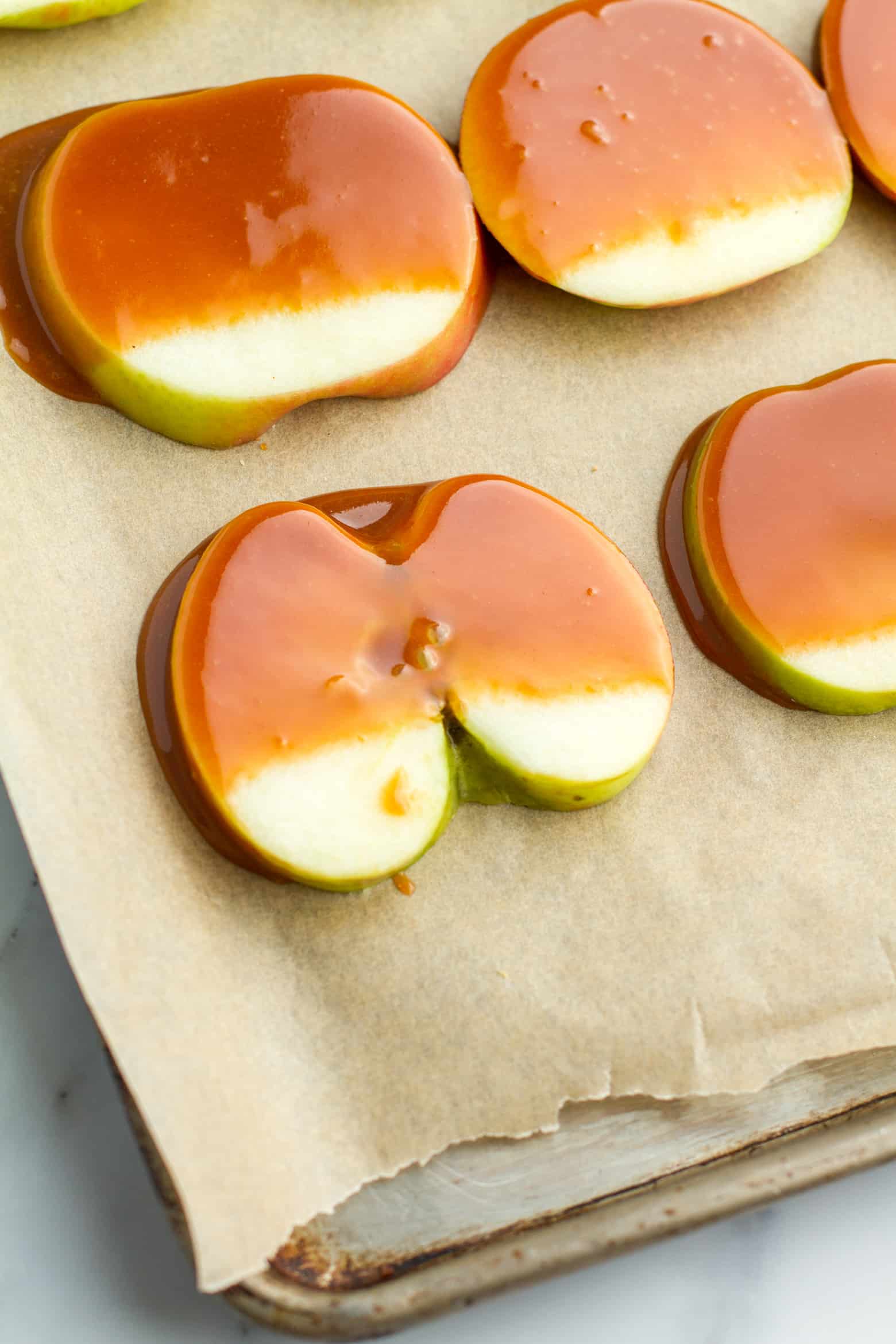 Caramel Apple Slices on a baking sheet