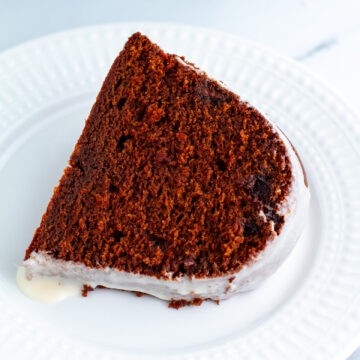 Slice of Chocolate Sour Cream Pound Cake on a plate