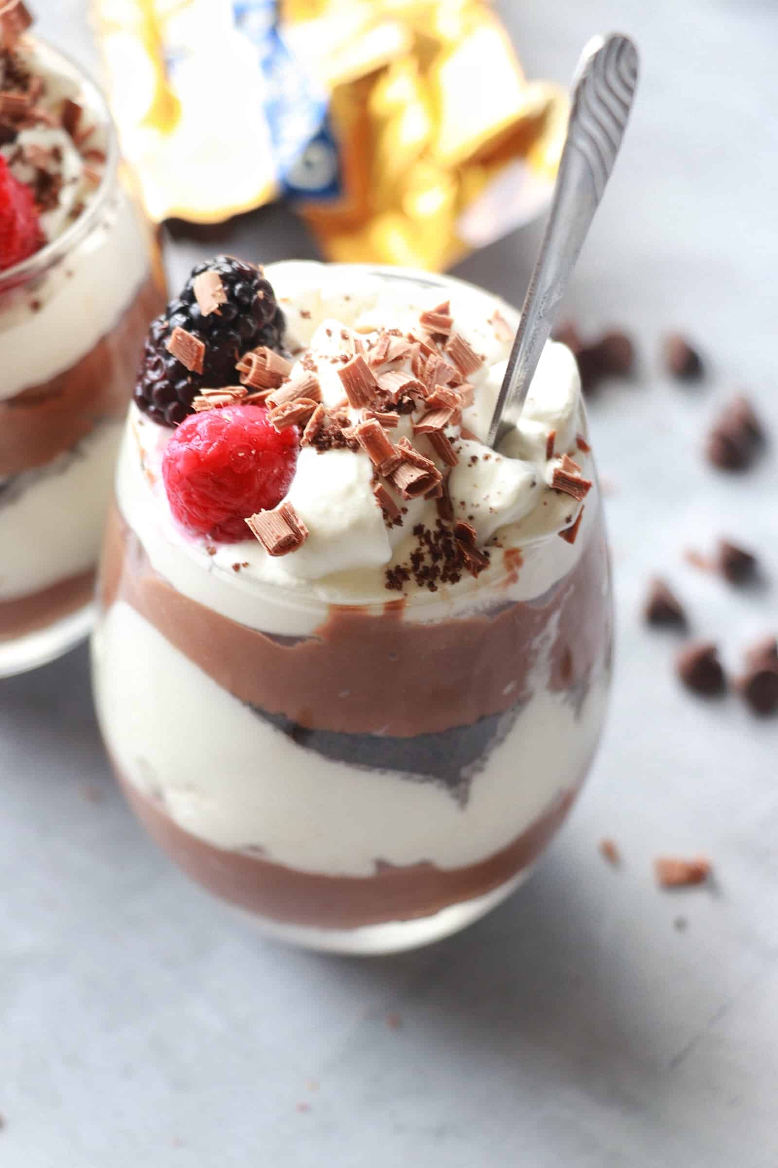 Chocolate Parfait in a glass with a spoon