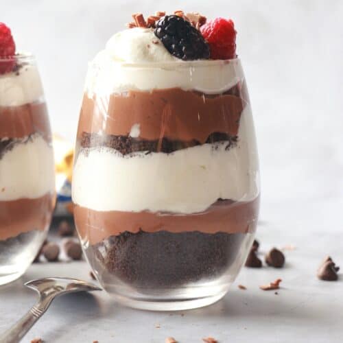 Velvety Chocolate Parfait in a glass with berries.