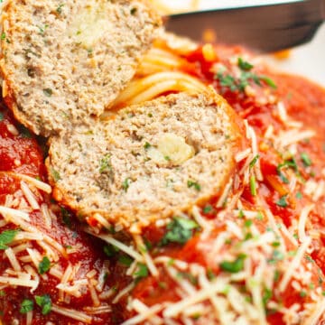 Turkey Meatballs cut in half and Spaghetti