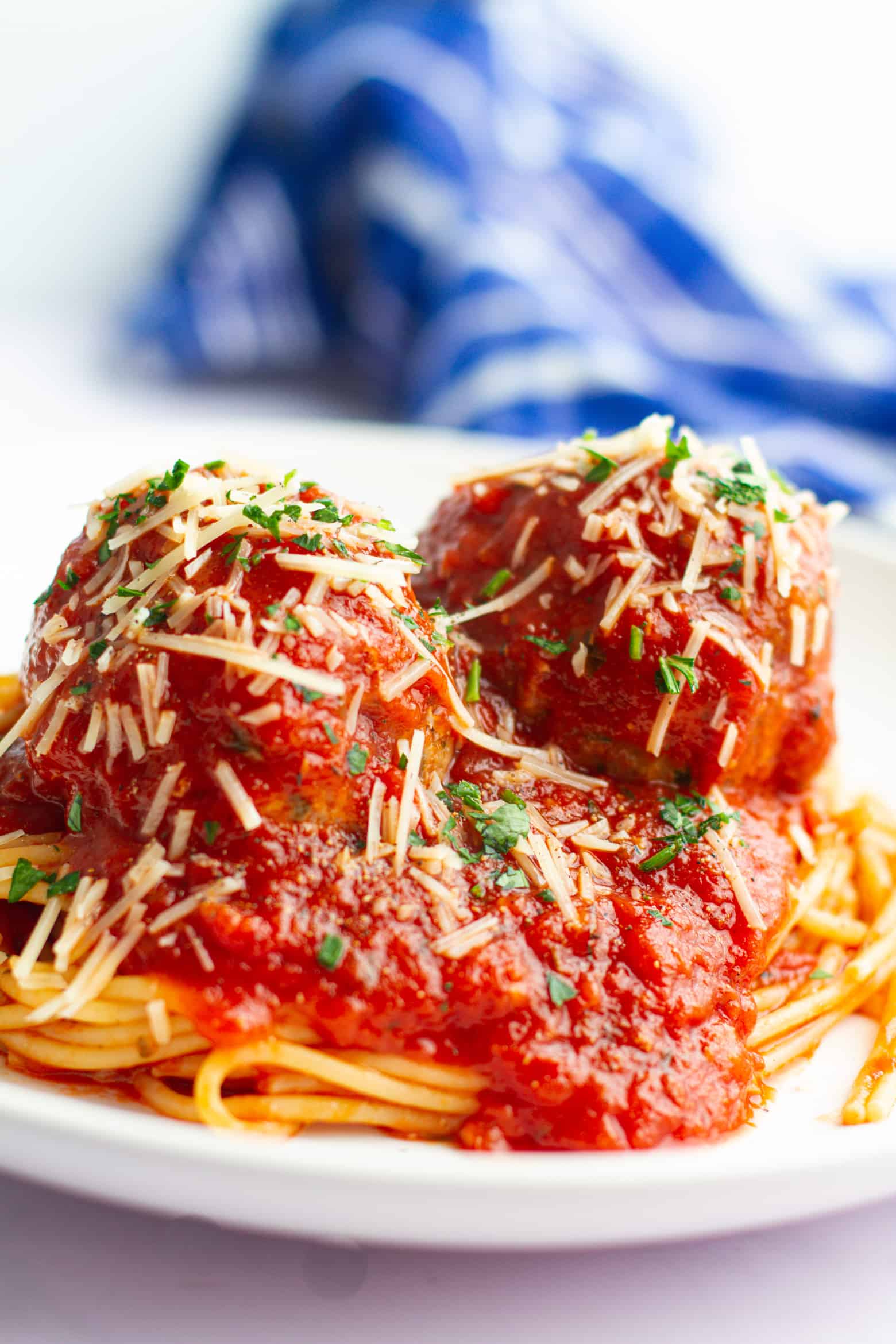 Turkey Meatballs and Spaghetti on a plate.
