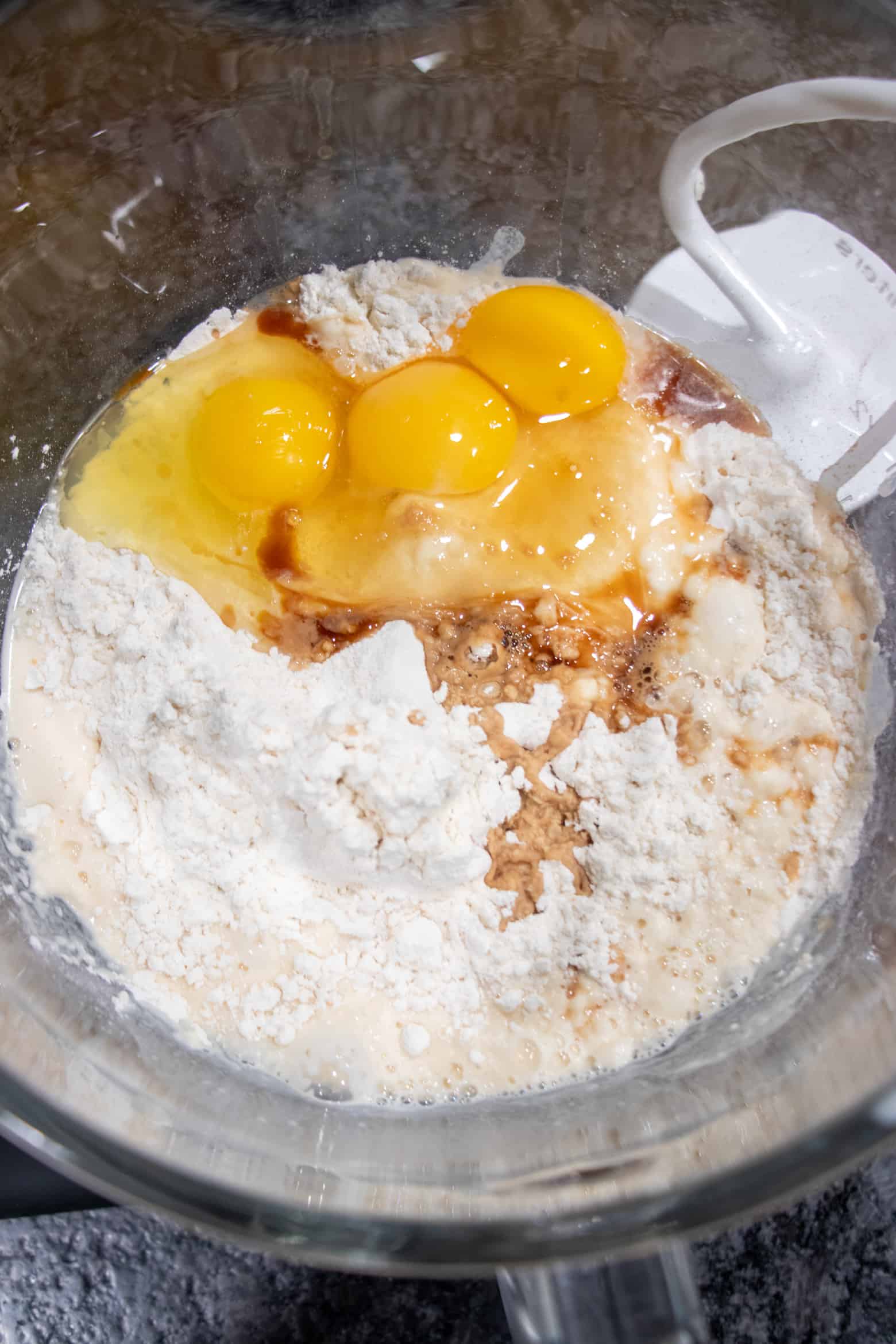 Dry ingredients and eggs in a mixing bowl