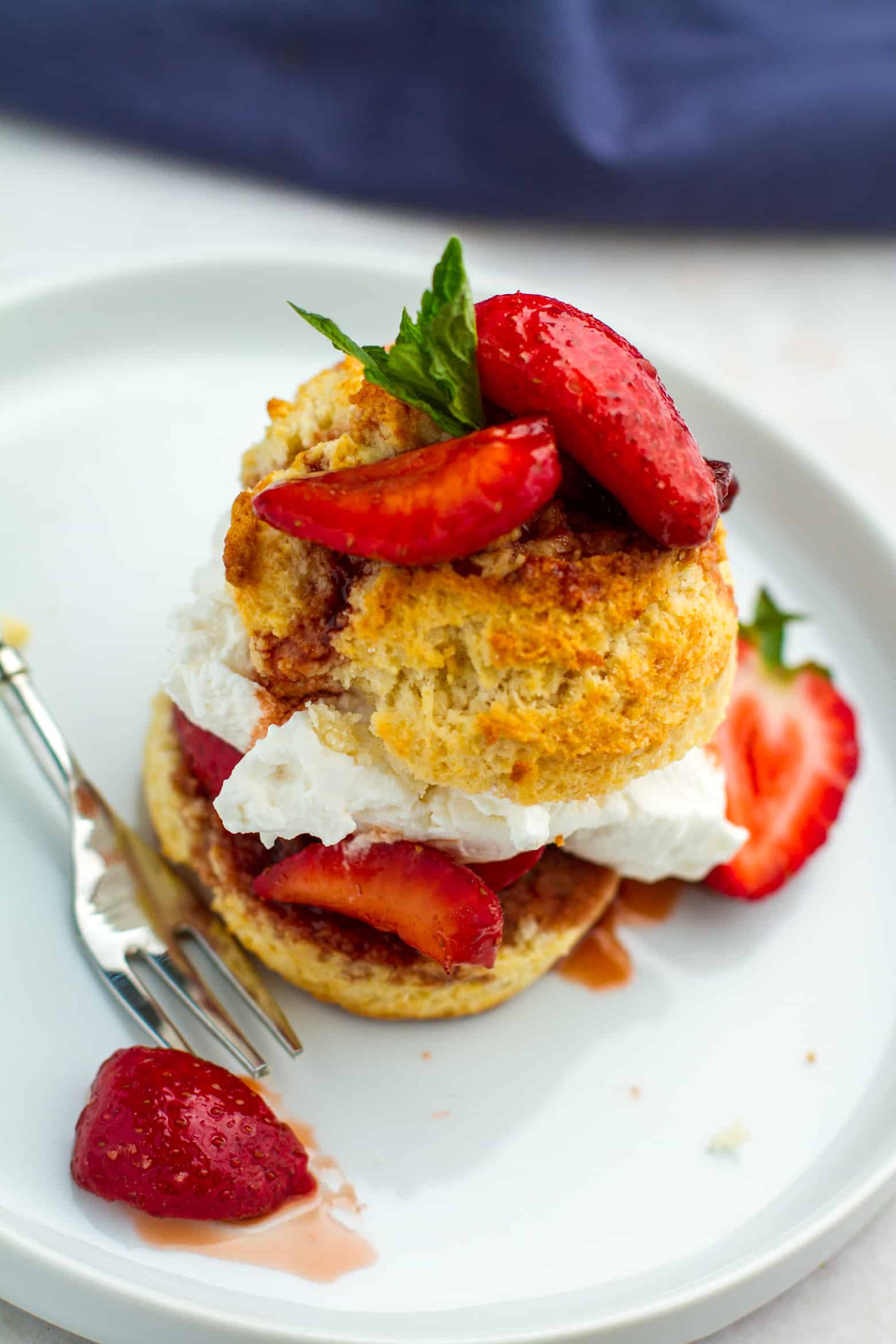 Strawberry shortcake on a plate overhead view.