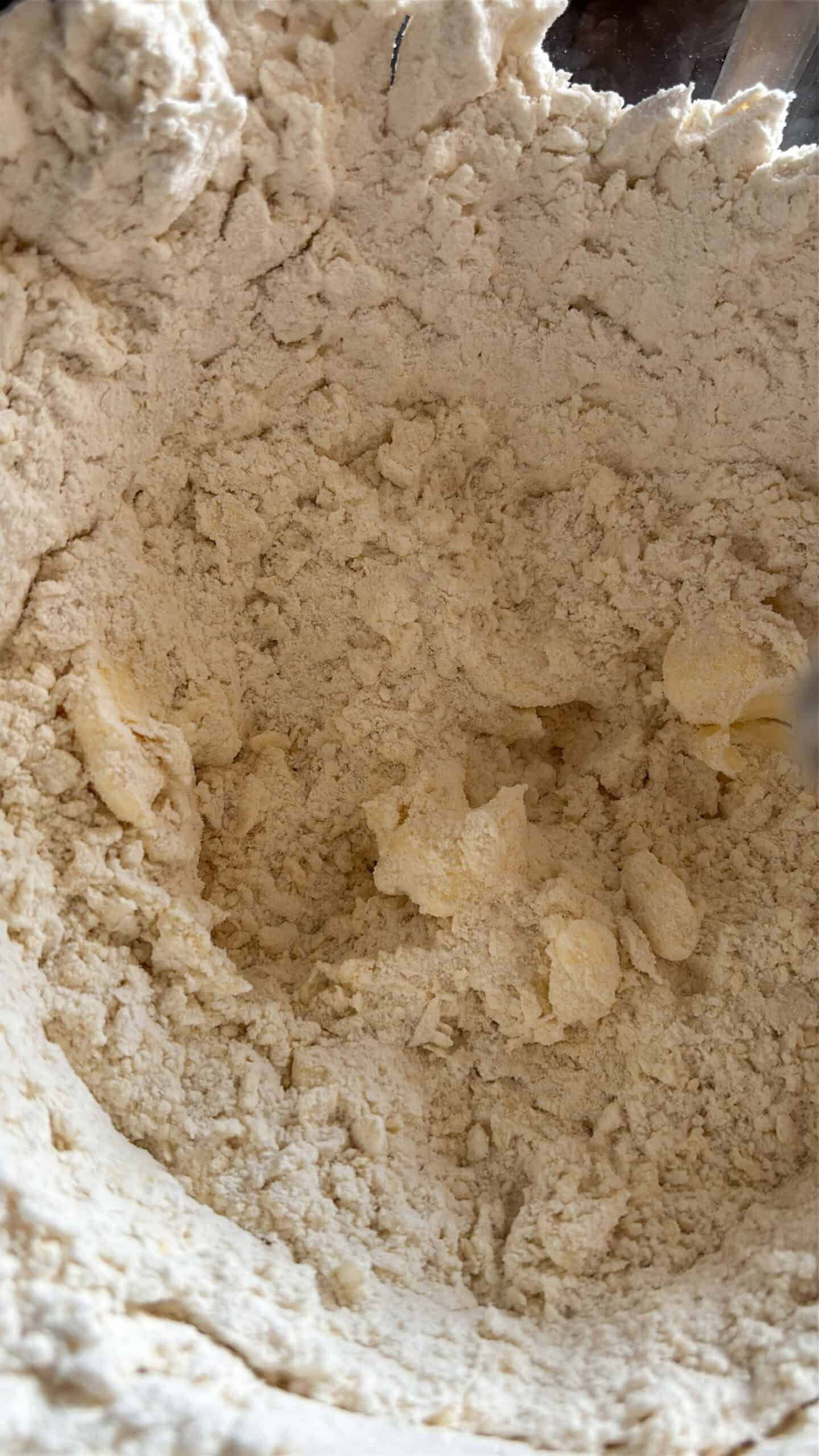 Shaggy dough in a mixing bowl.