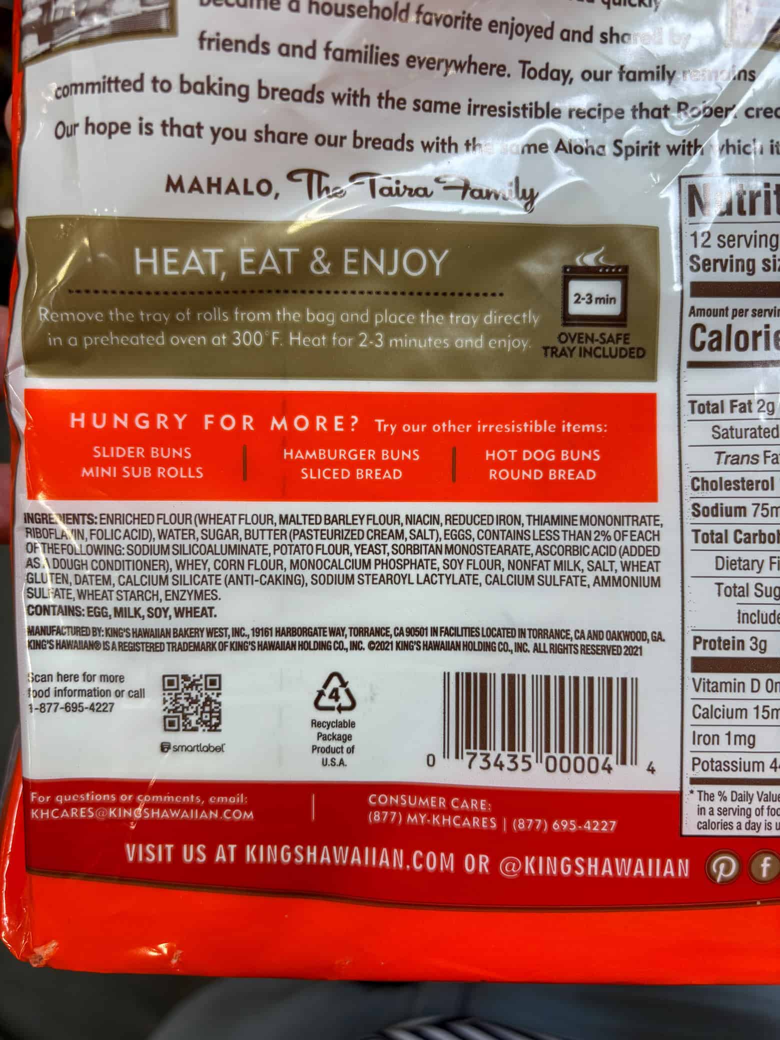 King Hawaiian dinner rolls ingredients.