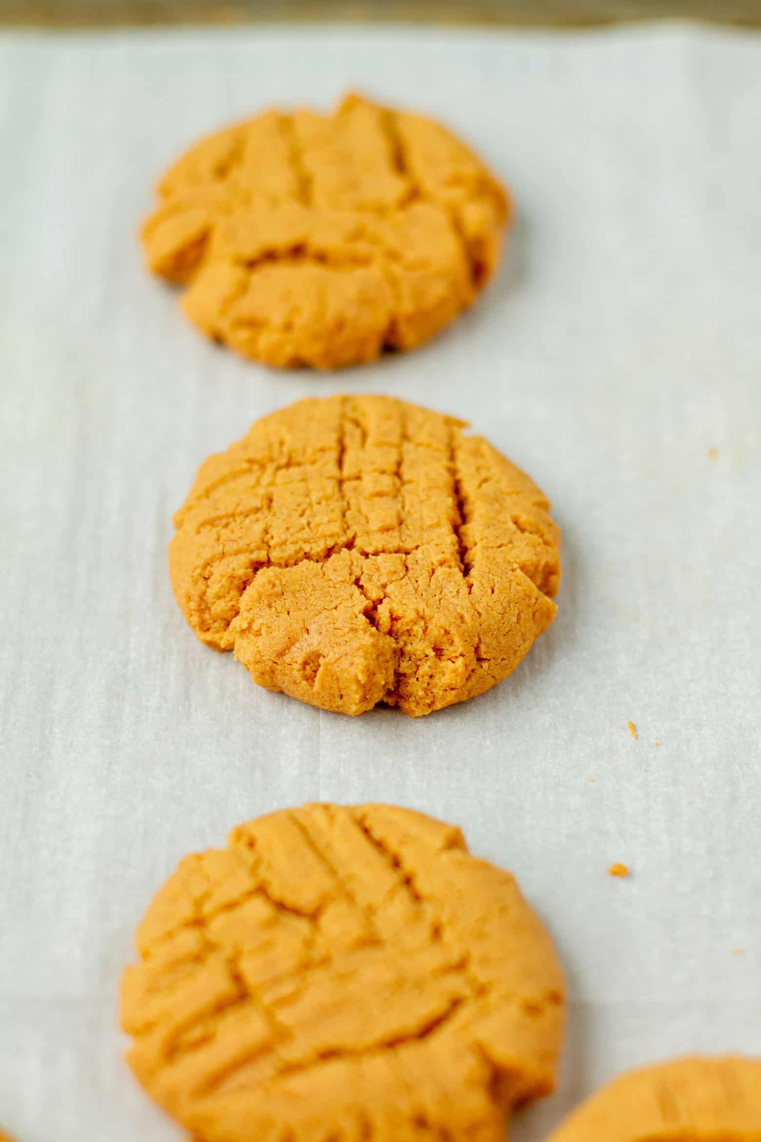 Baked peanut butter cookies on a baking sheet.