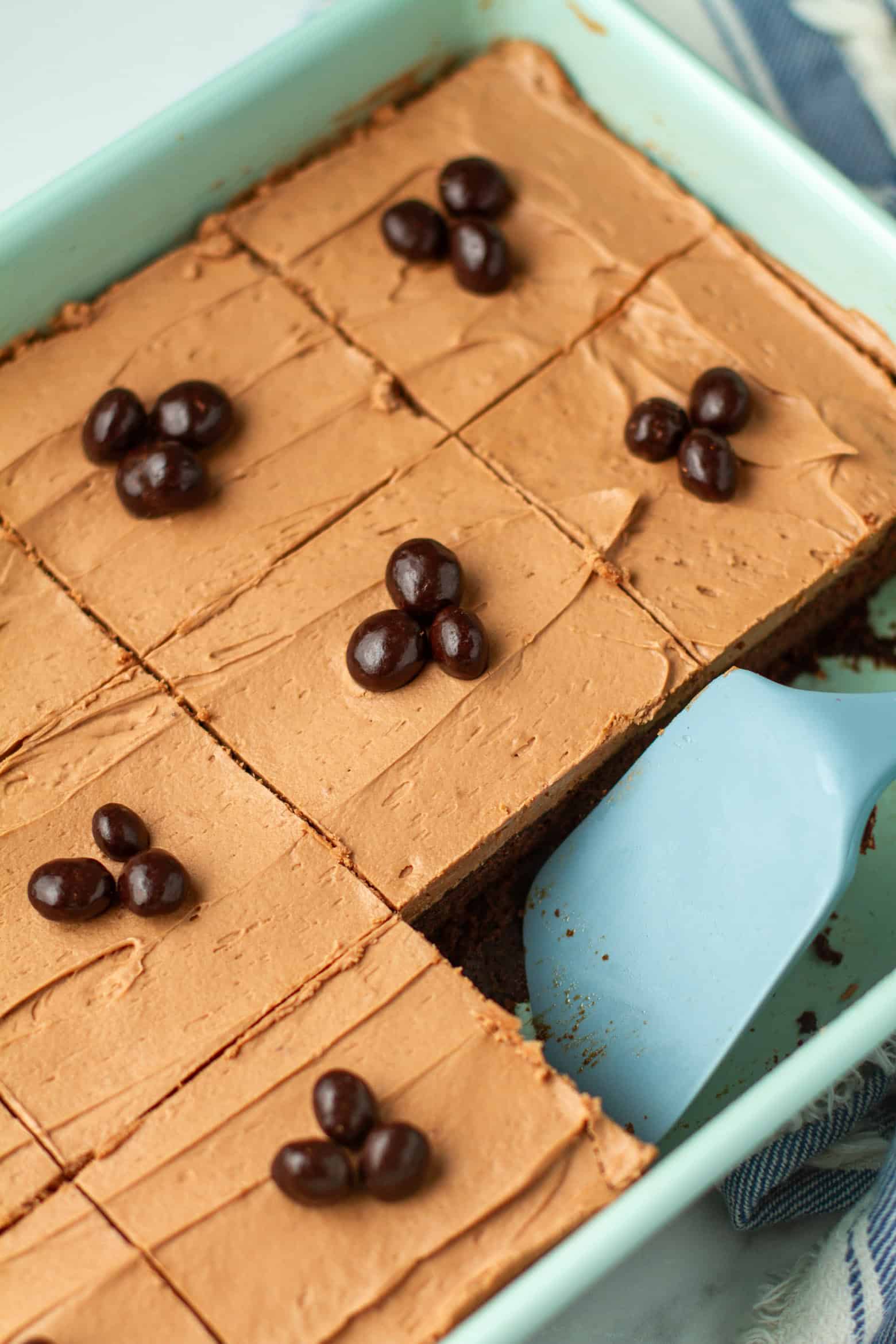 Chocolate espresso cake sliced in a baking pan.