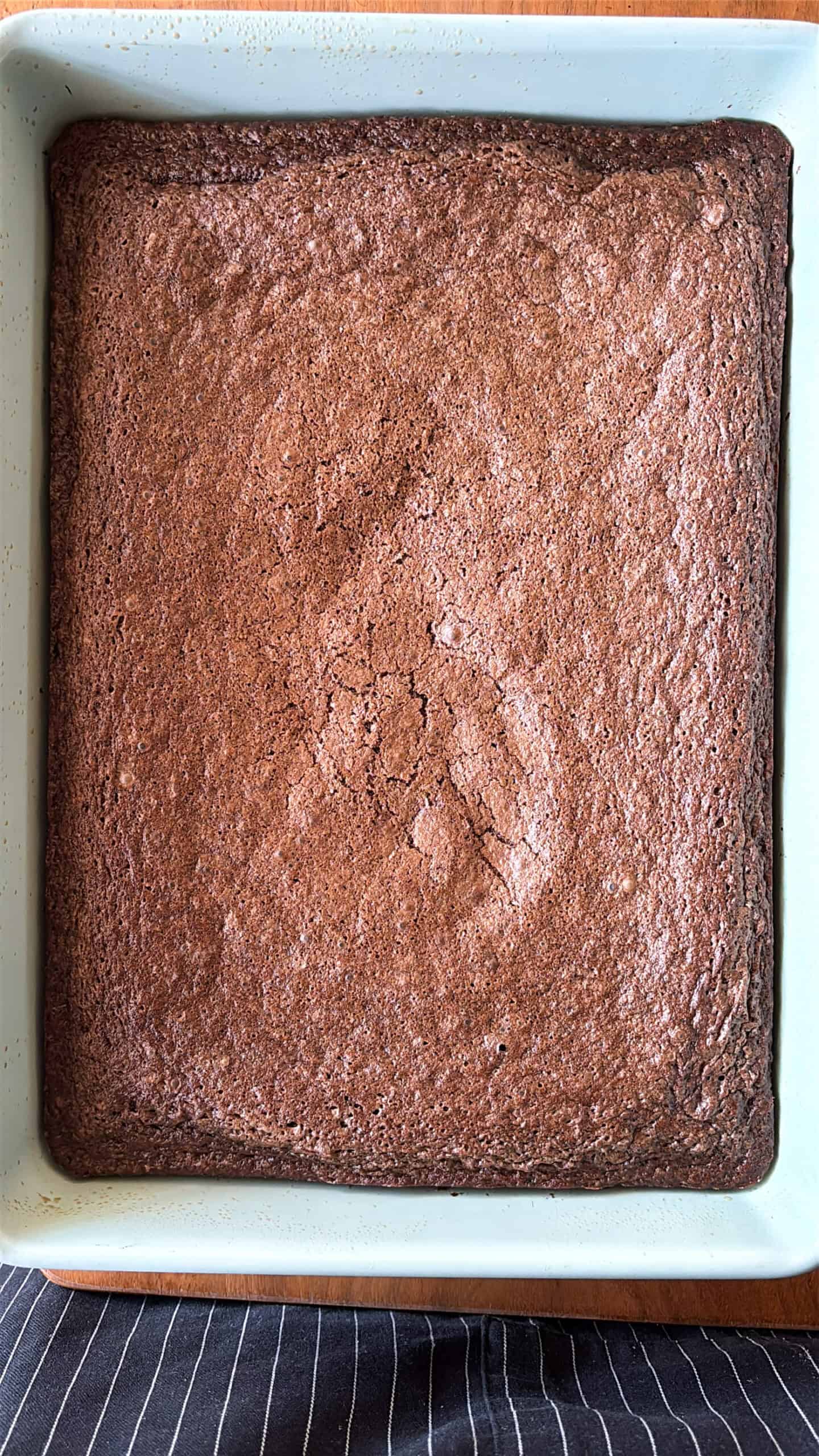 Baked and cooled chocolate espresso cake.