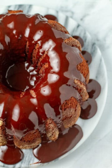 Chocolate whiskey cake overhead shot.
